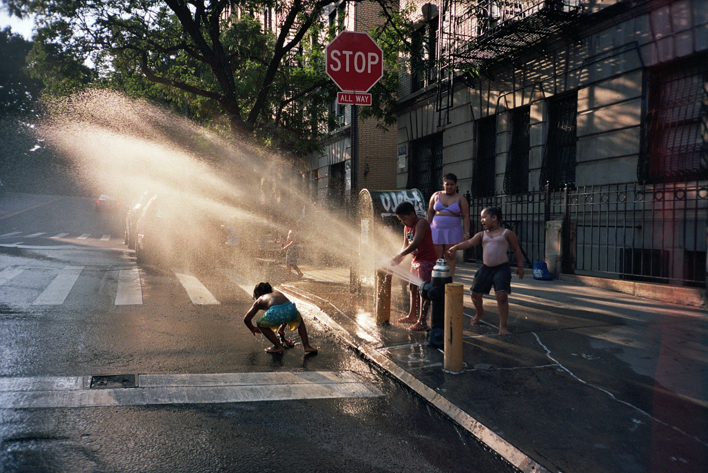 Children playing in a fire hydrant spray